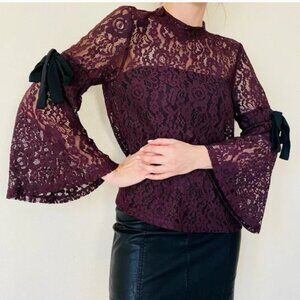 Plum Lace Tie Bell Sleeve Top